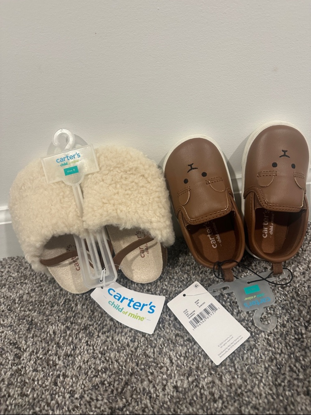 Carter's Brown Faux-Leather Bear Slip-Ons with Cream Fuzzy Clogs